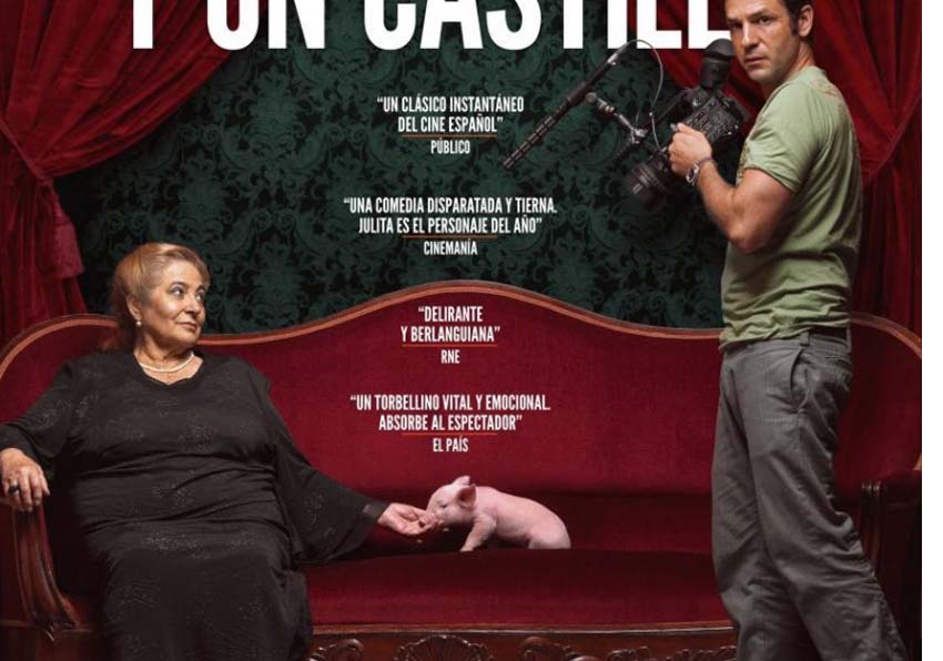 Cartell. Una dona major, un porc i un home amb una càmera de cinema